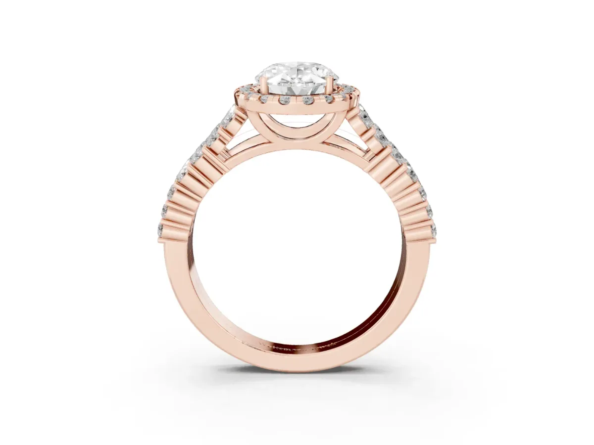 Oval Cut Diamond Halo Engagement Ring with Triple Row Round Pavé Band and Prong Setting Rose gold