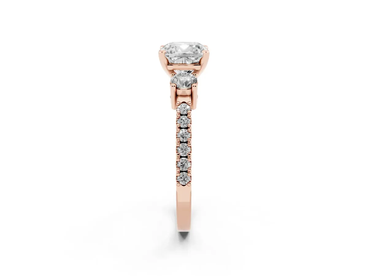 Cushion Cut Three-Stone Diamond Pavé Band with Prong Setting Rose gold