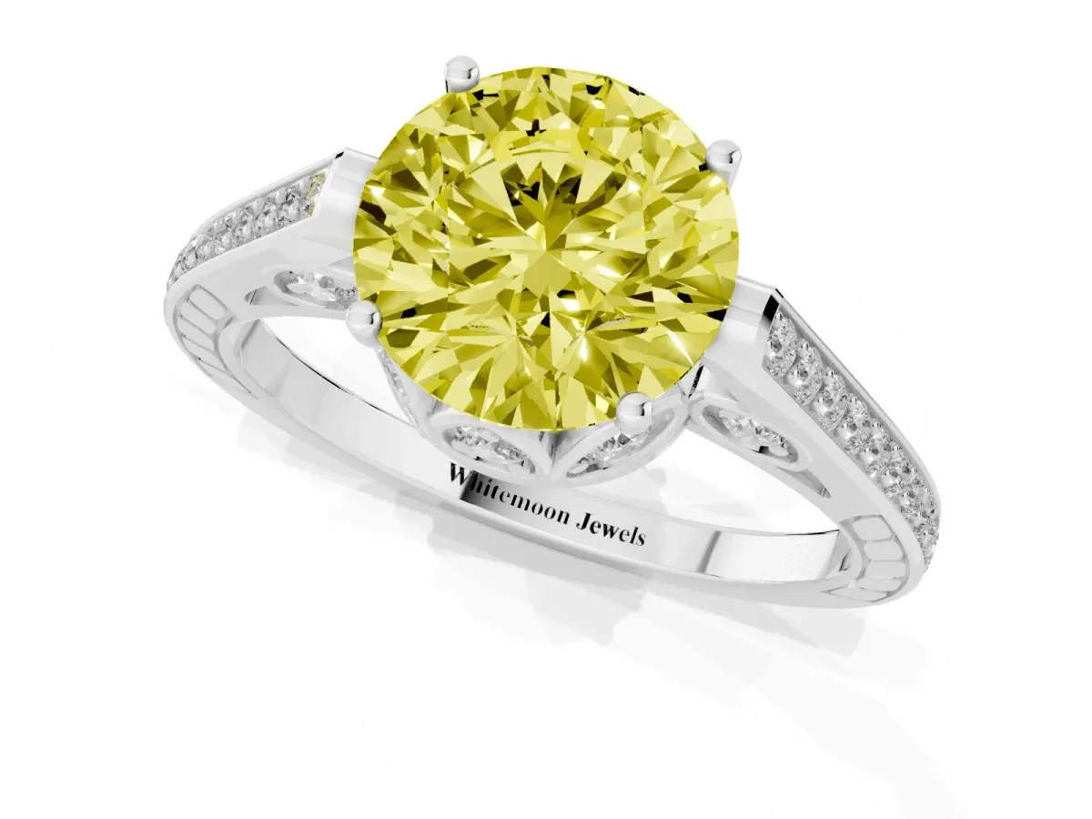 Fancy Yellow Round Cut Cut Cathedral Pave Diamond Engagement Ring with Six-Prong Setting Silver