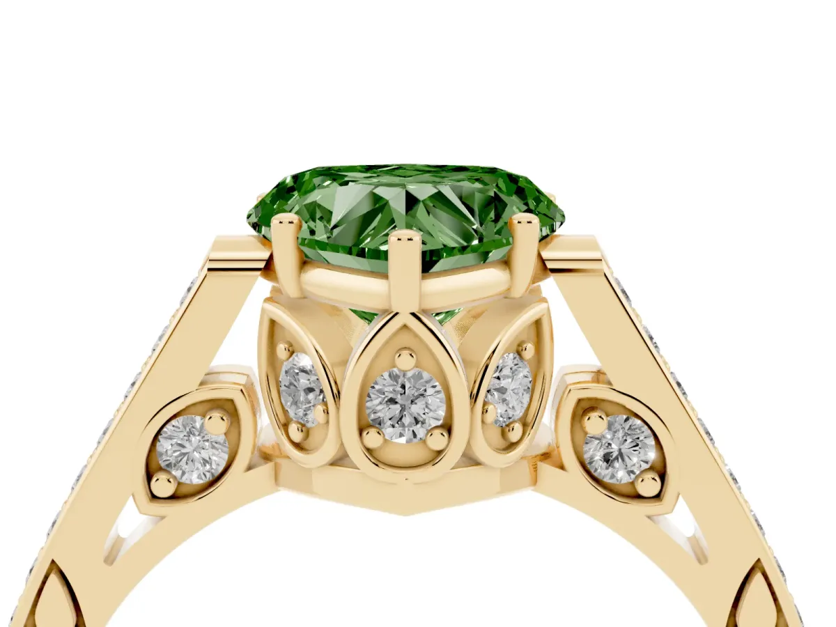 Fancy Green Heart Cut Cut Cathedral Pave Diamond Engagement Ring with Six-Prong Setting Yellow gold