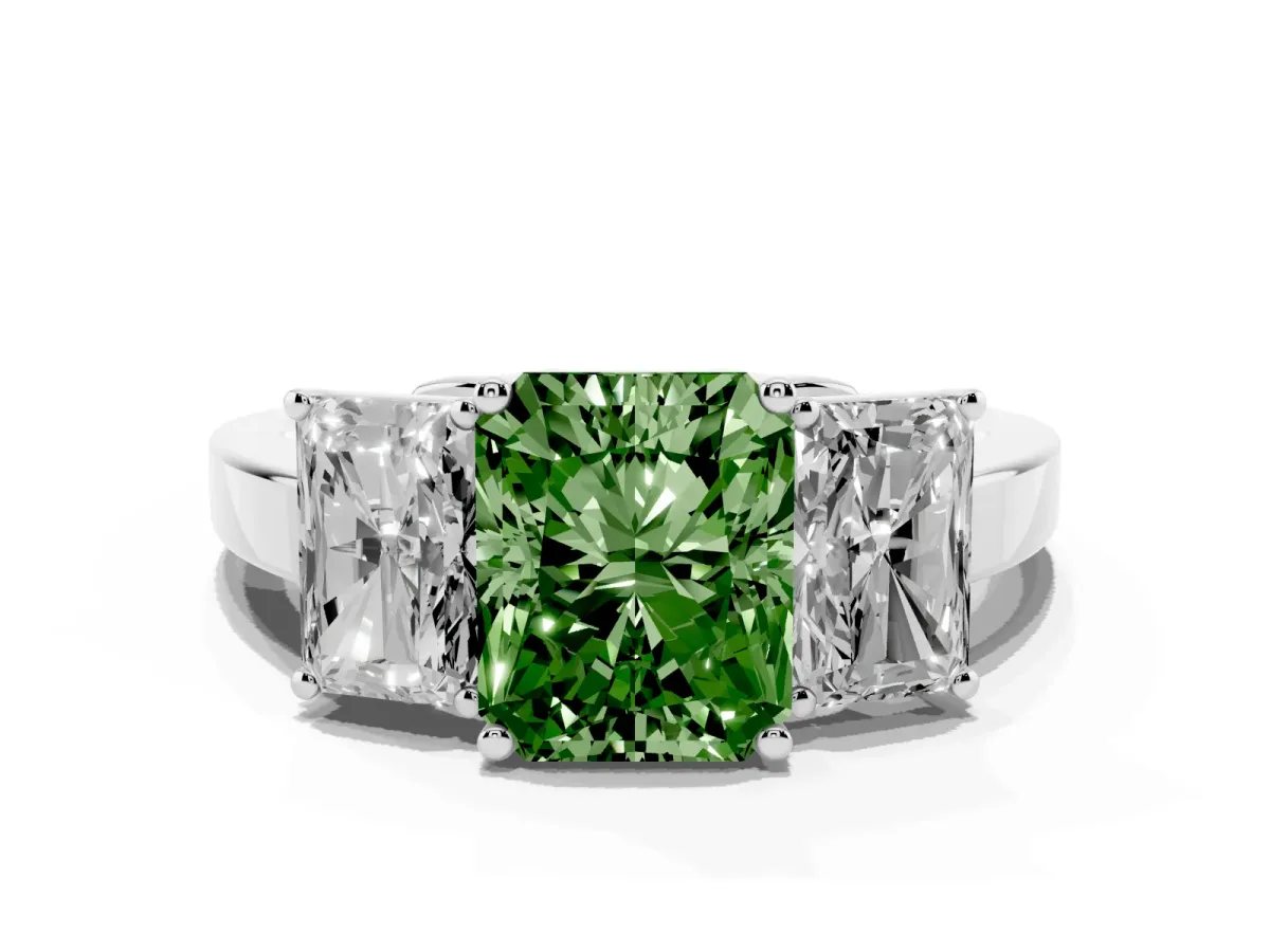 Fancy Green Three-Stone Radiant Cut Cut Diamond Engagement Ring with Flat Band and Four-Prong Setting Silver