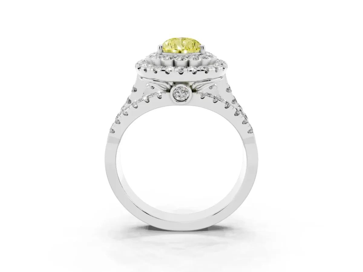 Fancy Yellow Pear Cut Diamond Double Halo Ring with Round Pavé Split Shank and Prong Setting Silver