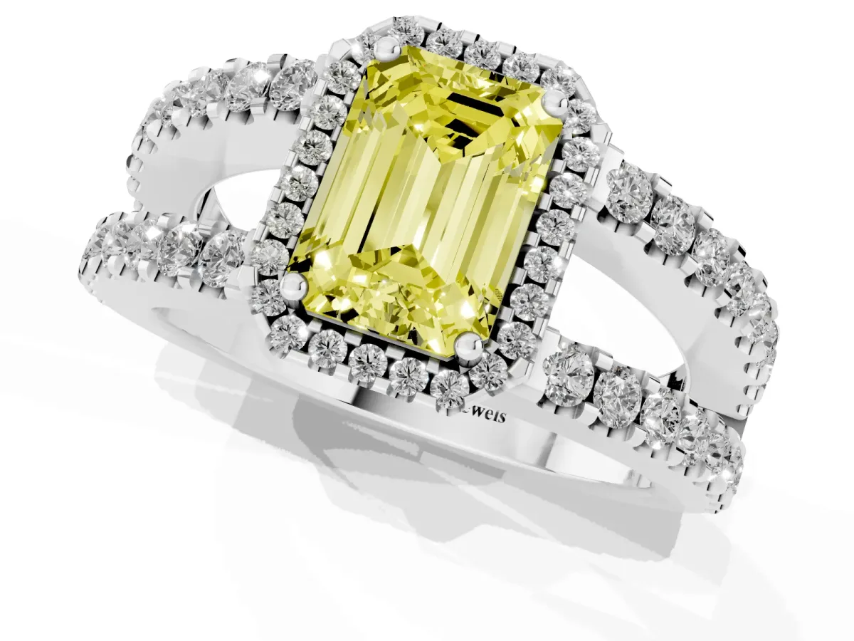 Fancy Yellow Emerald Cut Cut Halo Split Shank Diamond Ring with Four-Prong Setting Silver