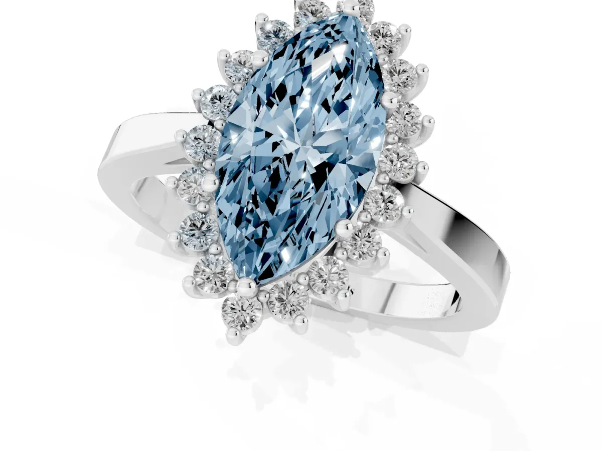 Fancy Blue Marquise Cut Cut Diamond Halo Ring with Round Brilliant Halo and Solitaire Band White gold