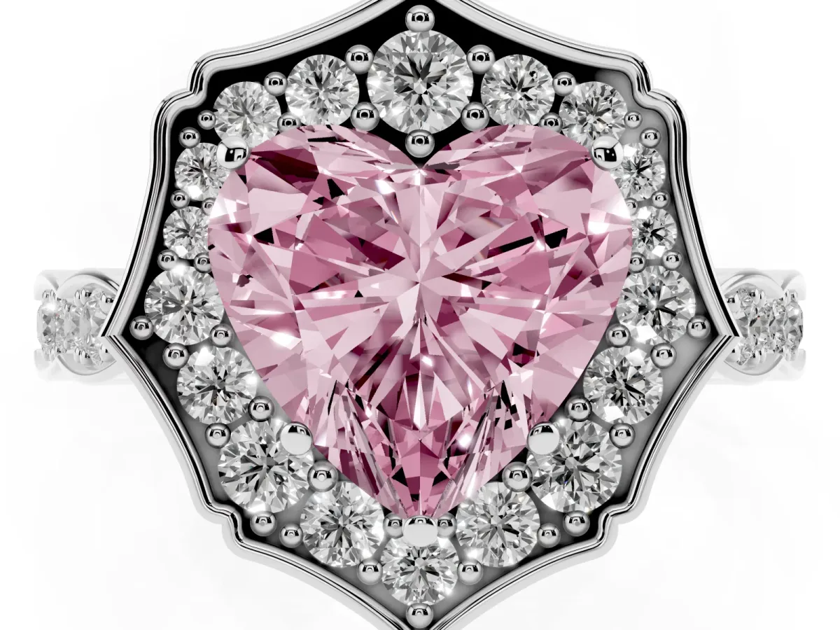 Fancy Pink Heart Cut Halo Diamond Engagement Ring with Milgrain Band and Four-Prong Setting Platinum