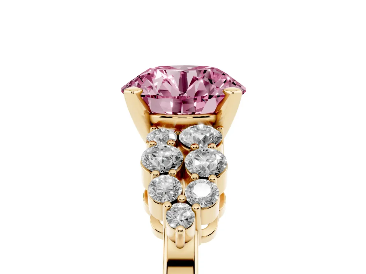 Fancy Pink Round Cut Cluster Diamond Engagement Ring with Pavé Band and Four-Prong Setting Yellow gold