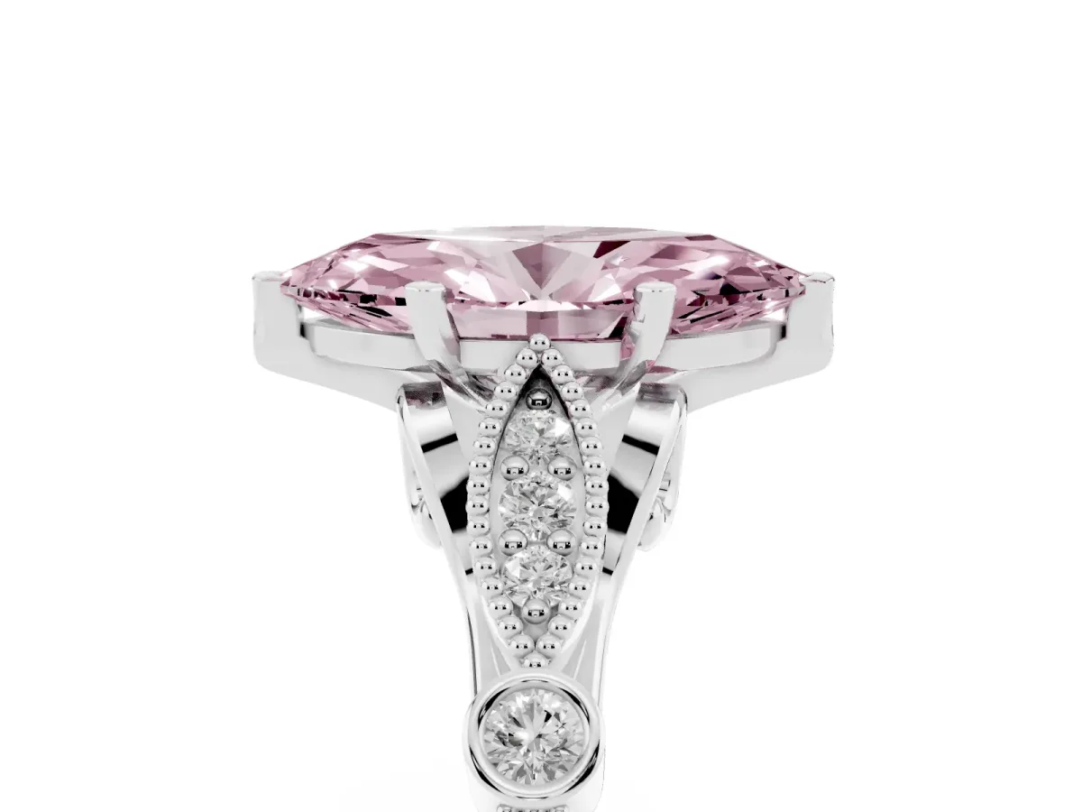 Fancy Pink Marquise Cut Cut Diamond with Milgrain Marquise and Bezel Accents on a Solitaire Band with Prong Setting Silver