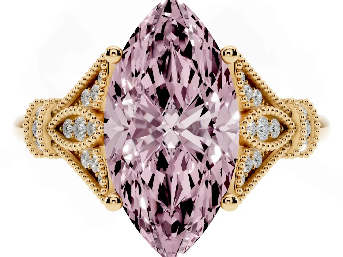 Fancy Pink Marquise Cut Diamond Solitaire Ring with Floral Filigree and Pave Accents Yellow gold