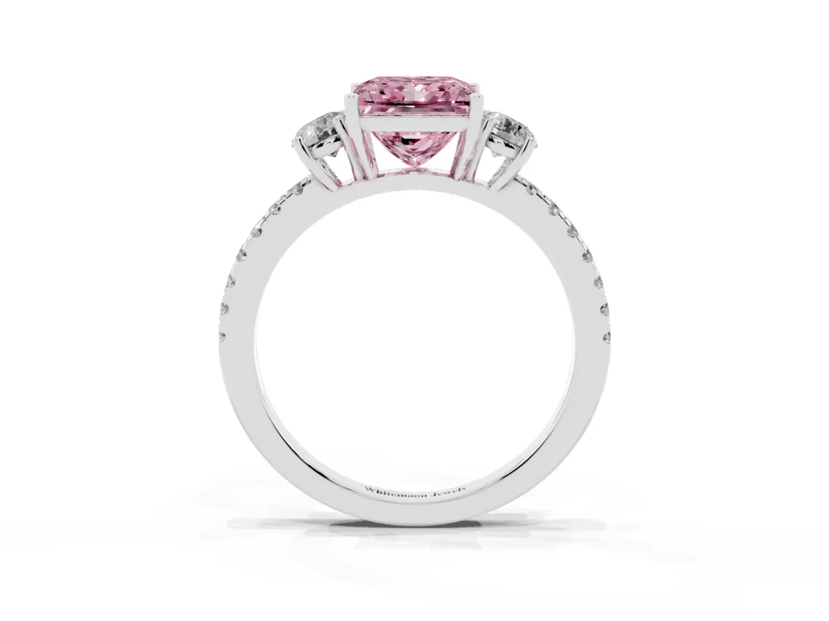 Fancy Pink Three-Stone Princess Cut Cut Diamond Pavé Band with Prong Setting Silver