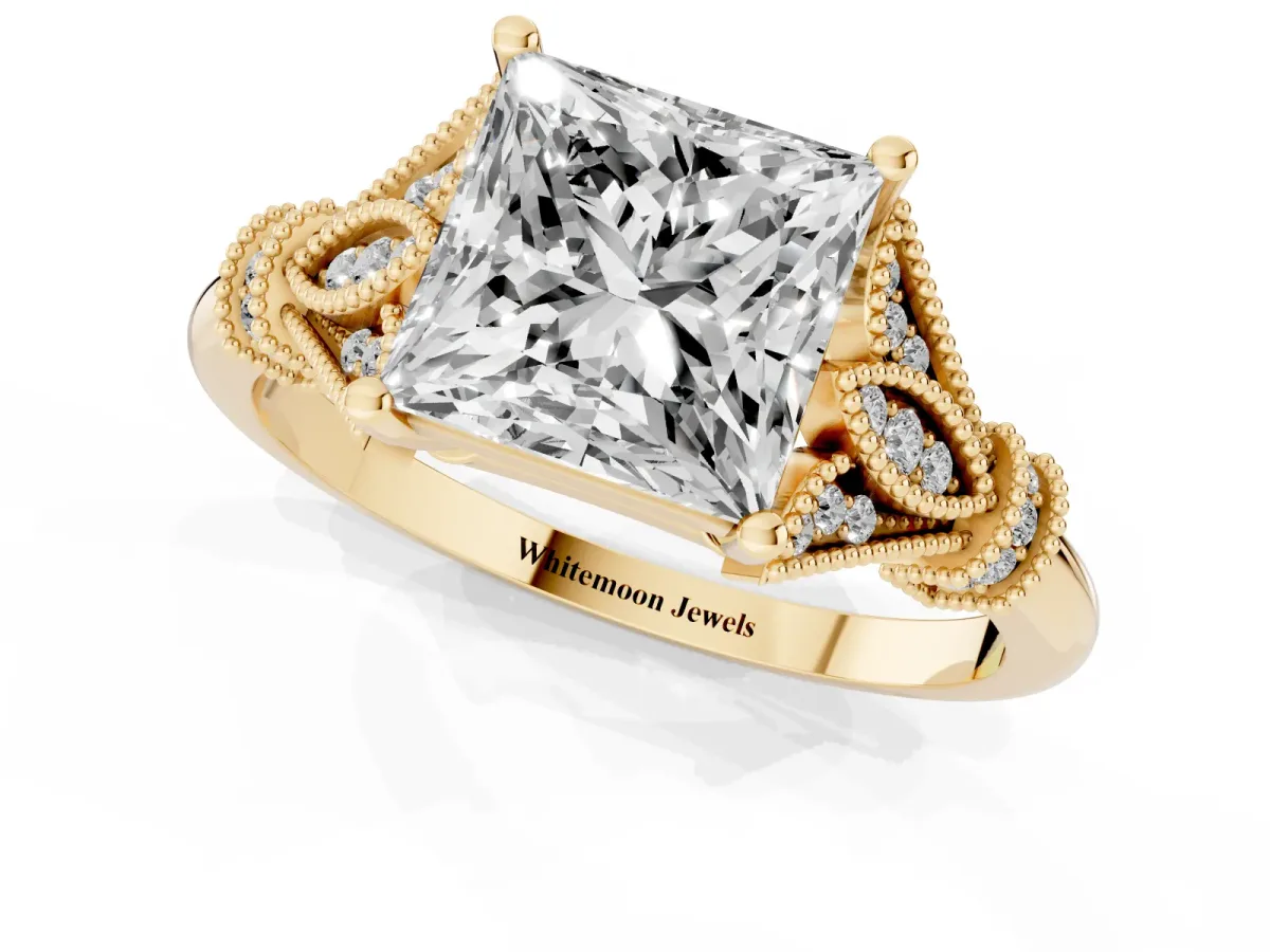 Princess Cut Diamond Solitaire Ring with Floral Filigree and Pave Accents Yellow gold