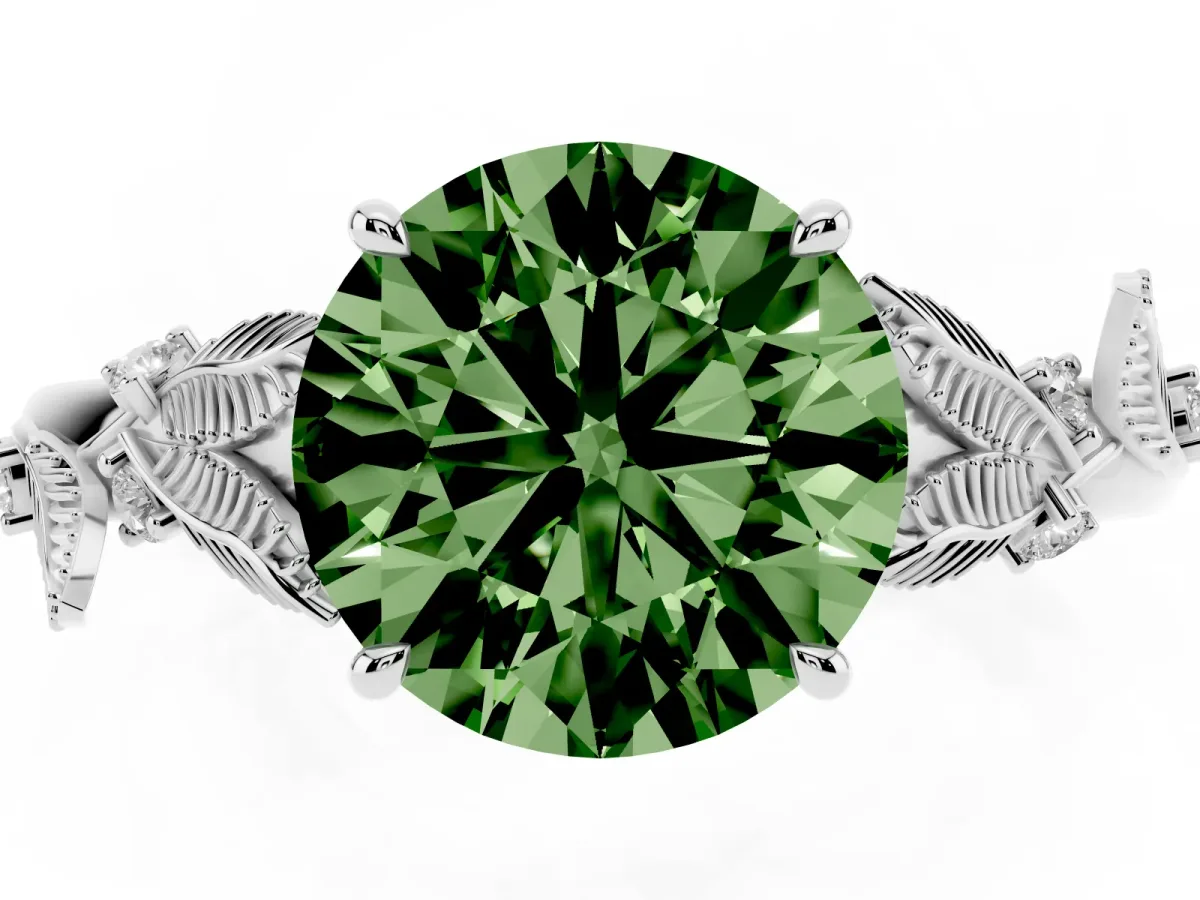 Fancy Green Round Cut Diamond Solitaire Ring with Leaf Motif Band and Four-Prong Setting Platinum