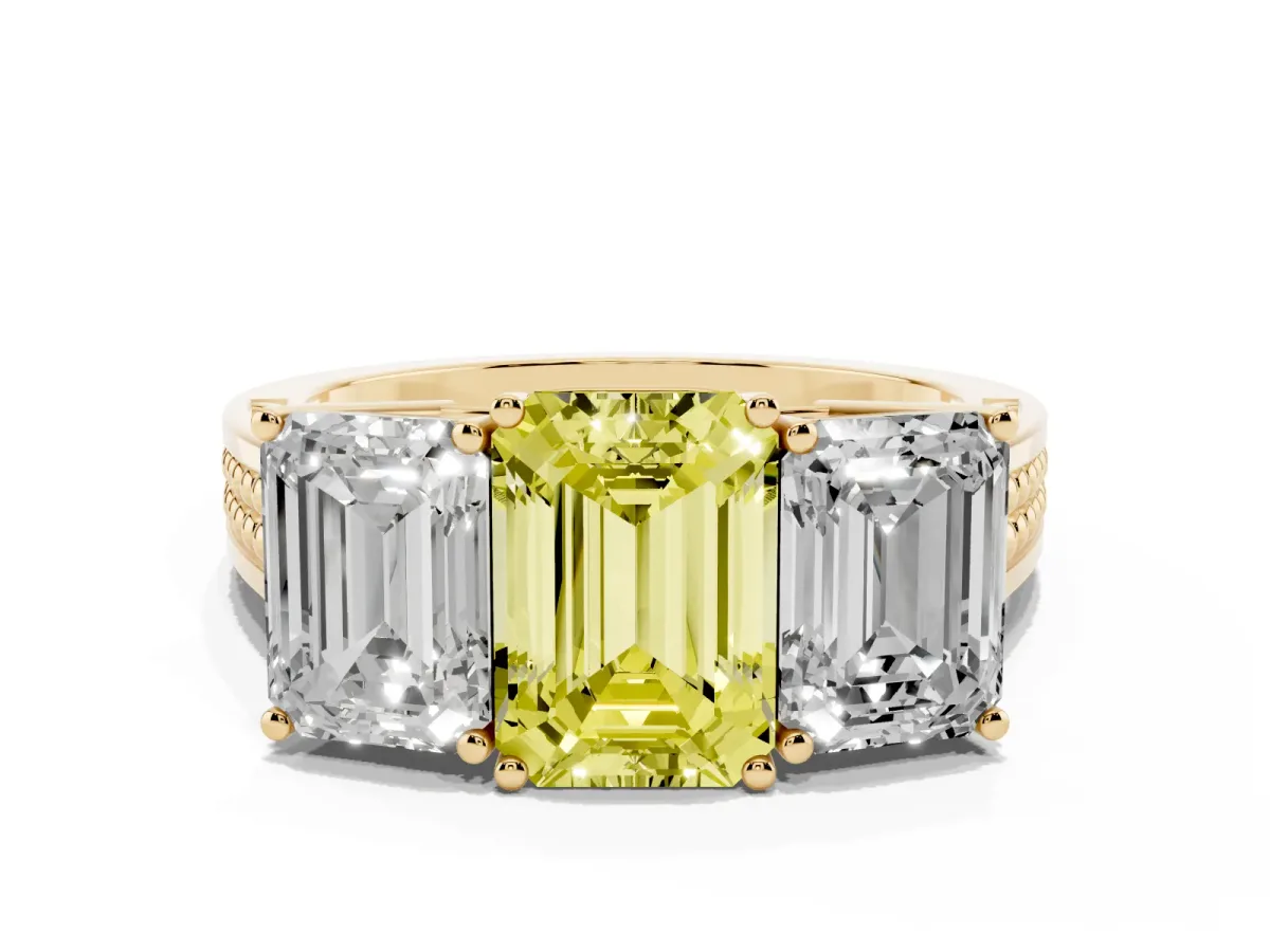 Fancy Yellow Emerald Cut Diamond Three-Stone Ring with Prong Setting and Textured Band Yellow gold