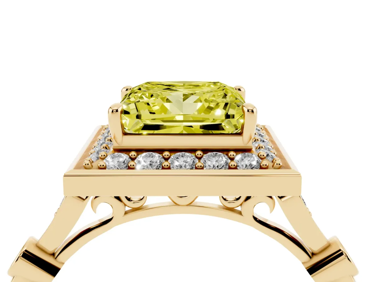 Fancy Yellow Princess Cut Halo Diamond Engagement Ring with Twisted Band and Four-Prong Setting Yellow gold