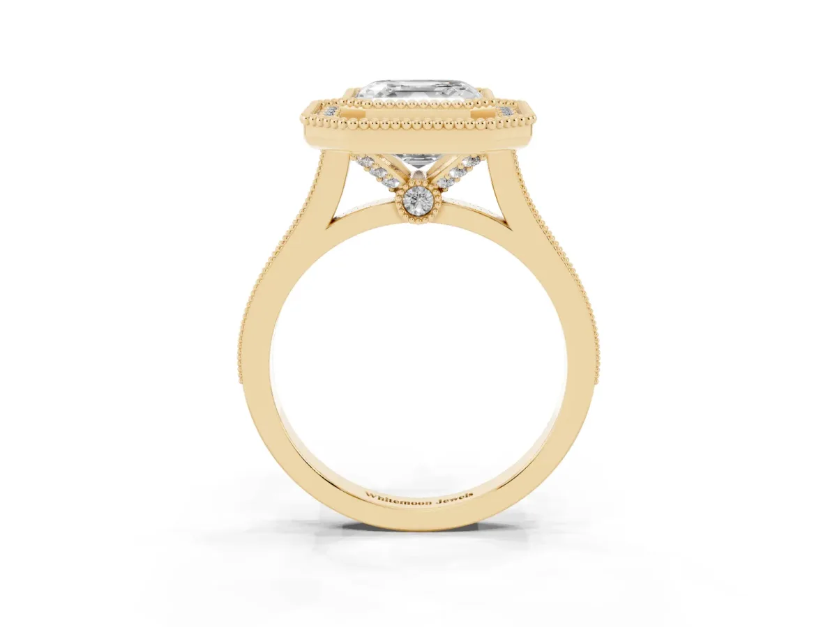 Asscher Cut Diamond Halo Ring with Milgrain Frame and Pavé Band Yellow gold