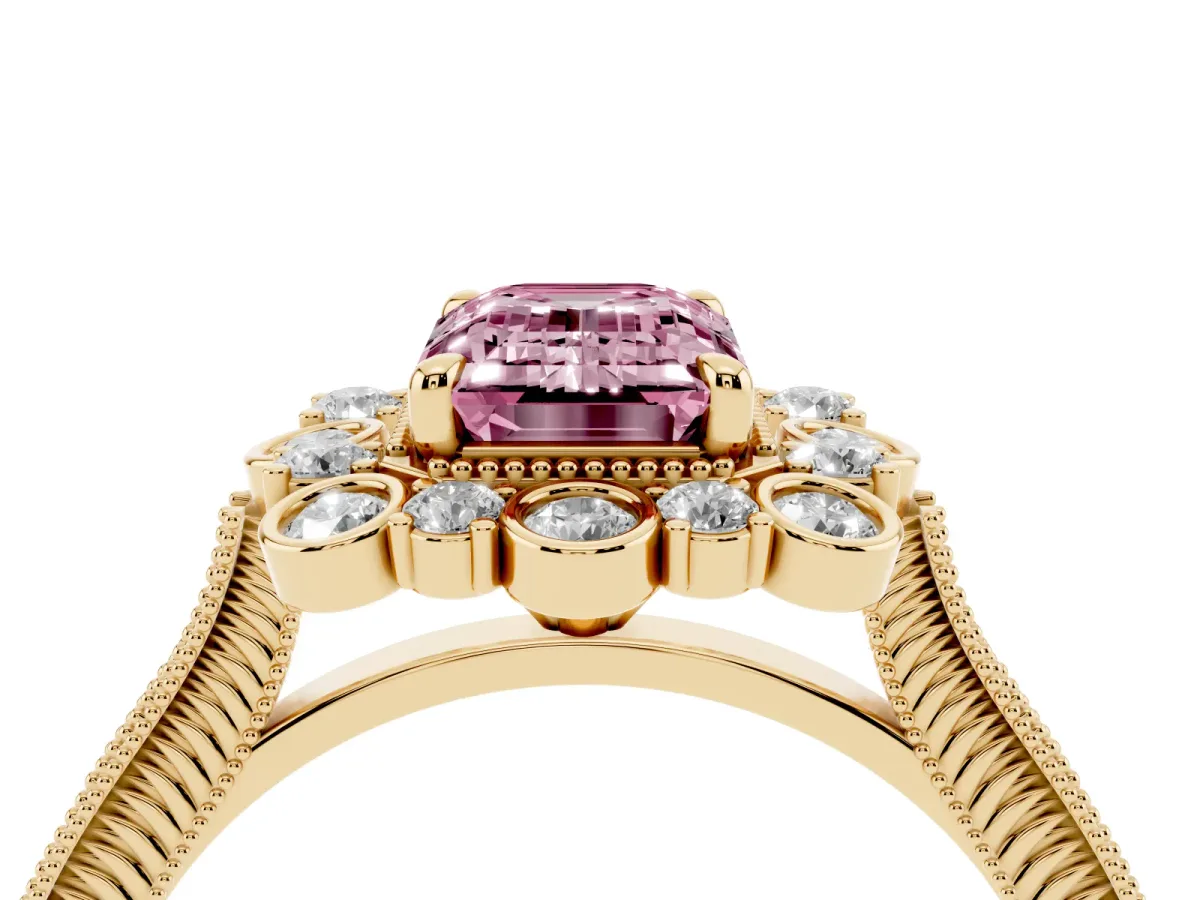 Fancy Pink Emerald Cut Halo Milgrain Pave Diamond Ring with Four-Prong Setting Yellow gold