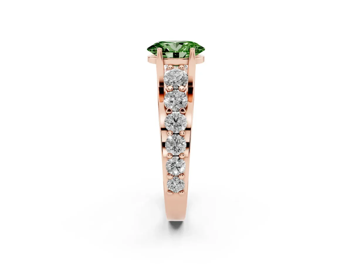 Fancy Green Oval Cut Diamond Engagement Ring with Pavé Band and Four-Prong Setting Rose gold