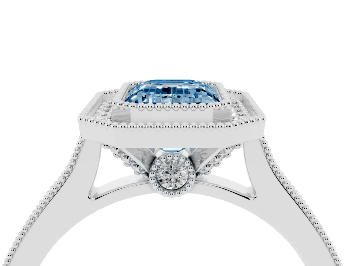 Fancy Blue Halo Emerald Cut-Cut Diamond Pave Band Milgrain Prong Setting Ring Silver