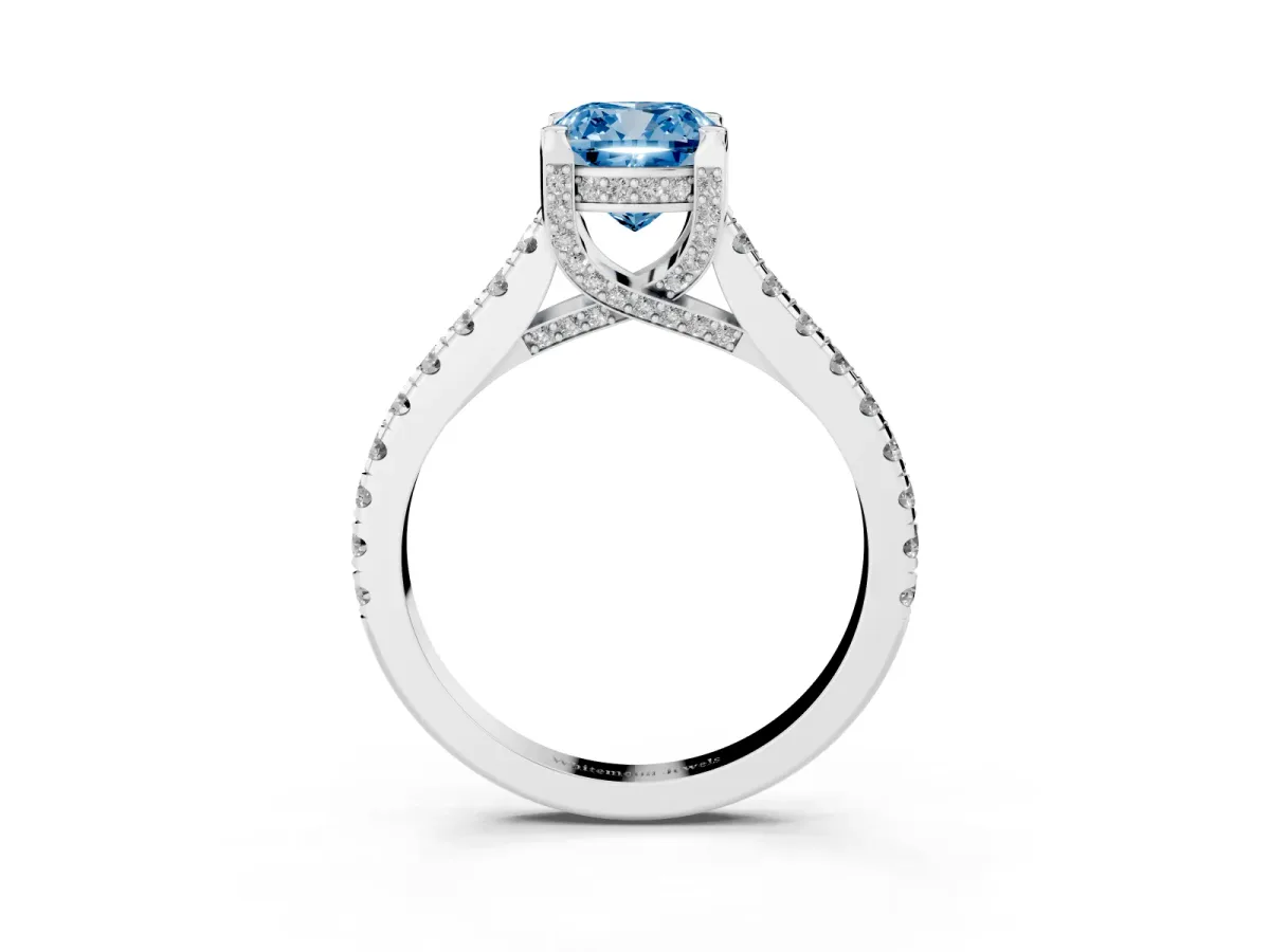 Fancy Blue Cushion Cut Brilliant Diamond Solitaire with Pavé Band and Four-Prong Setting Platinum