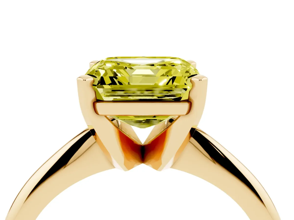 Fancy Yellow Asscher Cut Cut Solitaire Ring with Four-Prong Setting on a Classic Band Yellow gold