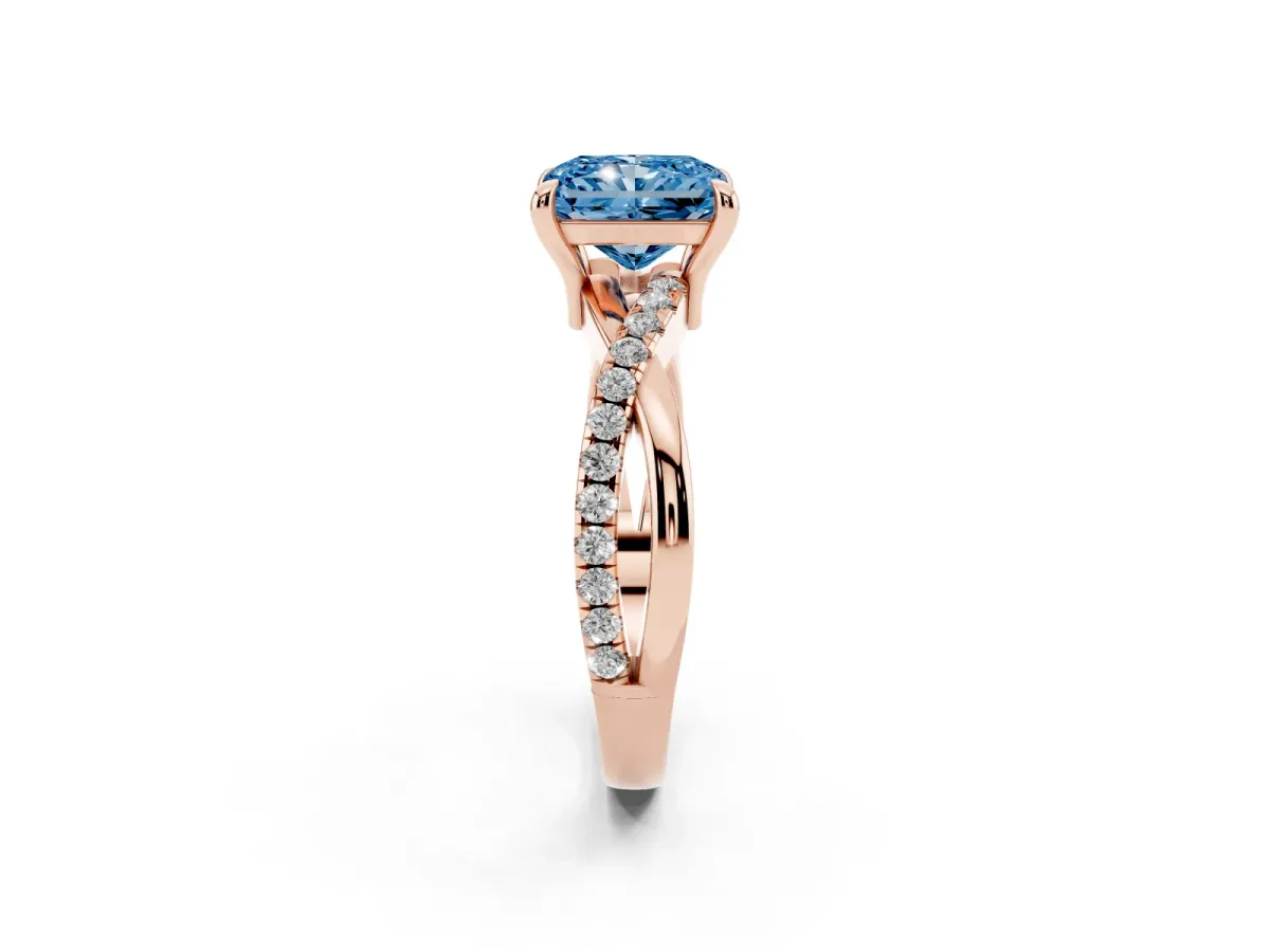 Fancy Blue Radiant Cut Cut Diamond Twist Band Solitaire with Prong Setting Rose gold