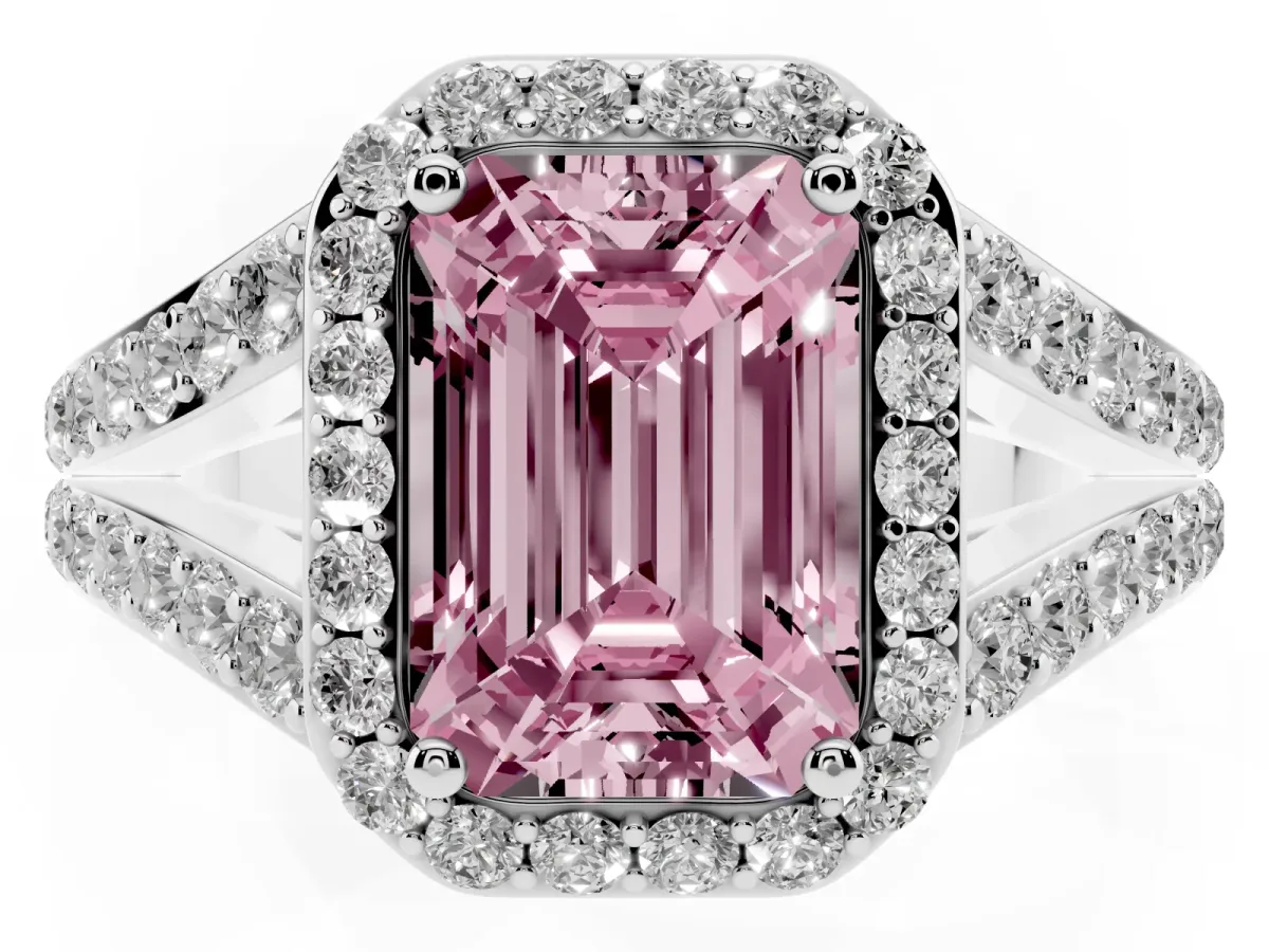 Fancy Pink Emerald Cut Diamond Split Shank Halo Ring with Four-Prong Setting Silver