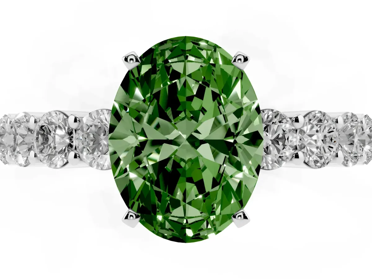 Fancy Green Oval Cut Diamond Solitaire Ring with Shared Prong Round Side Stones Silver