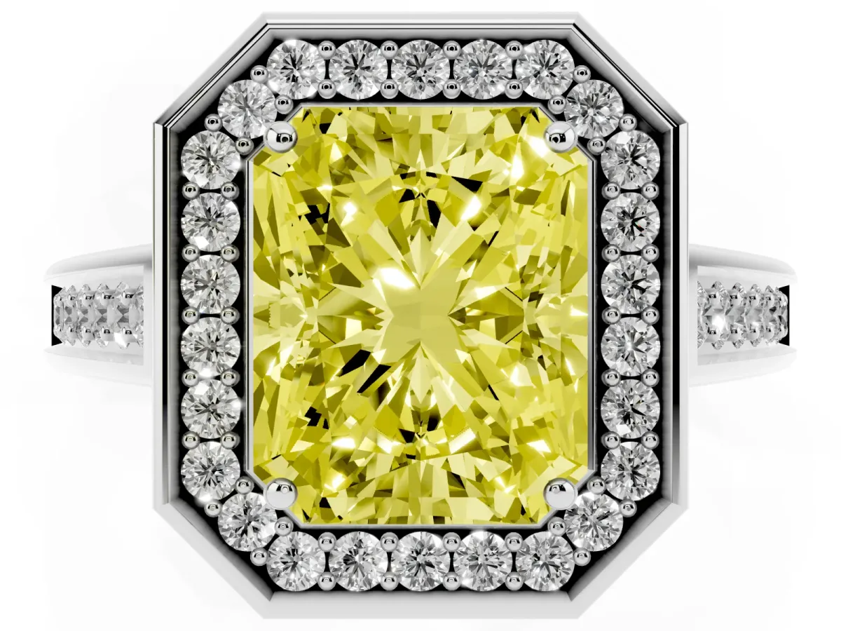 Fancy Yellow Radiant Cut Halo Solitaire Diamond Ring with Pave Band and Bezel Setting Platinum