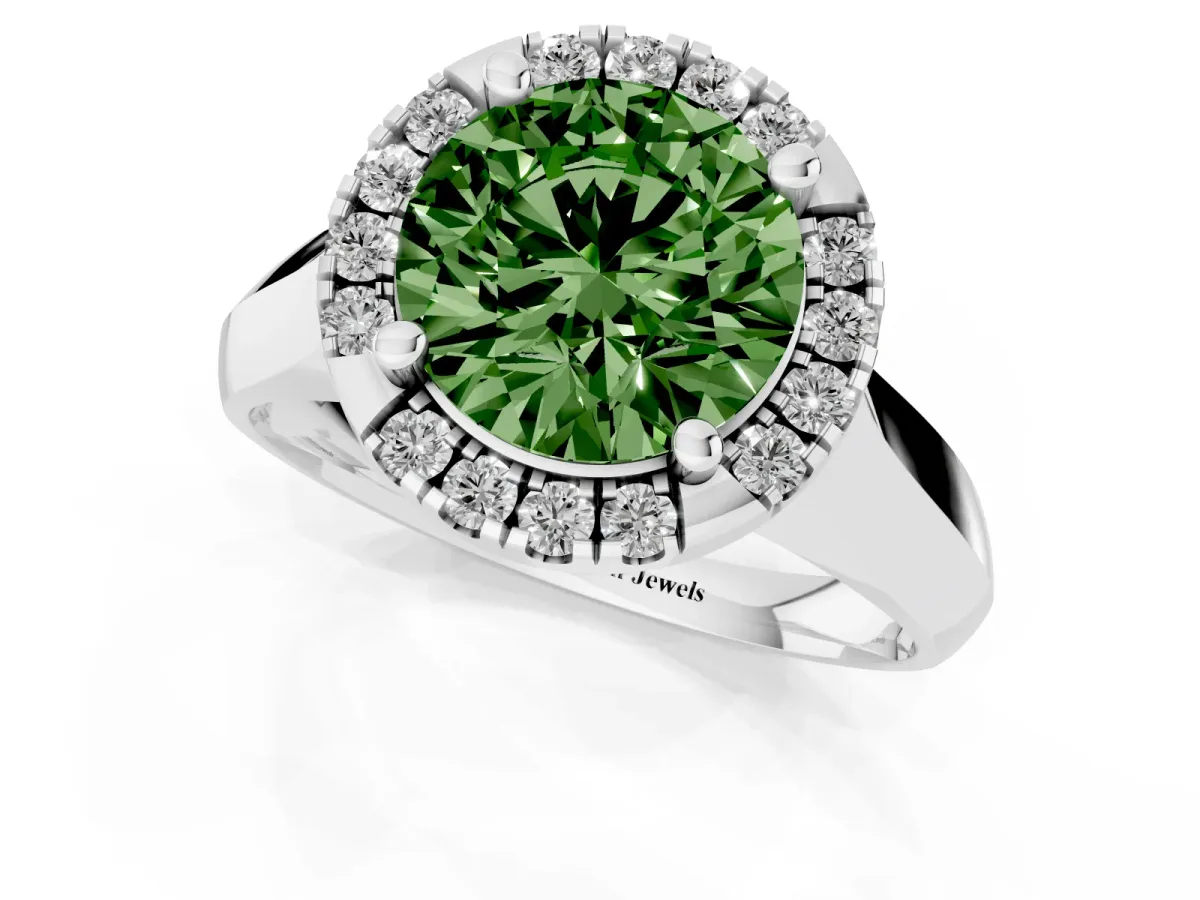 Fancy Green Round Cut Cut Halo Solitaire Engagement Ring with Square Band and Four-Prong Setting Silver