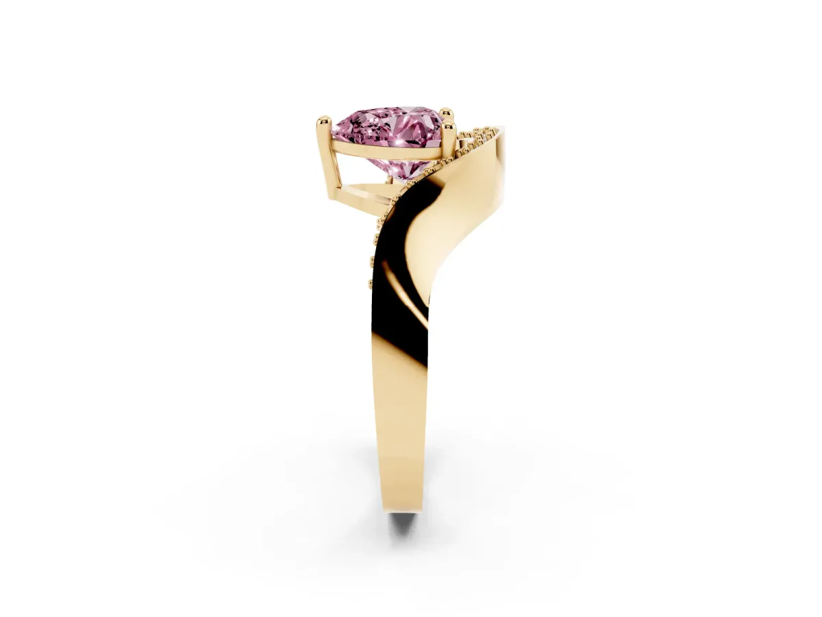 Fancy Pink Heart Cut Solitaire Diamond Engagement Ring with Pave Band and Four-Prong Setting Yellow gold
