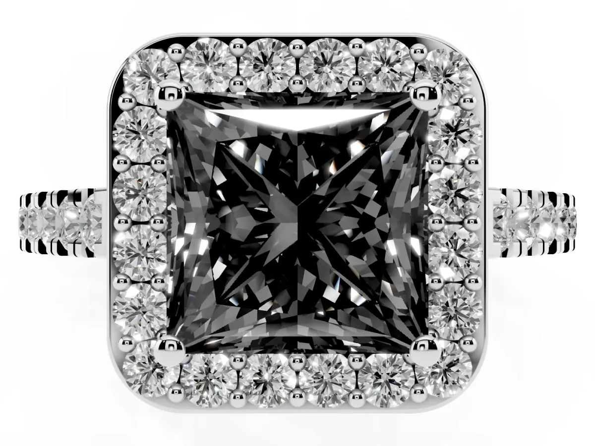 Fancy Black Princess Cut Diamond Halo Ring with Round Pavé Split Shank and Prong Setting Silver