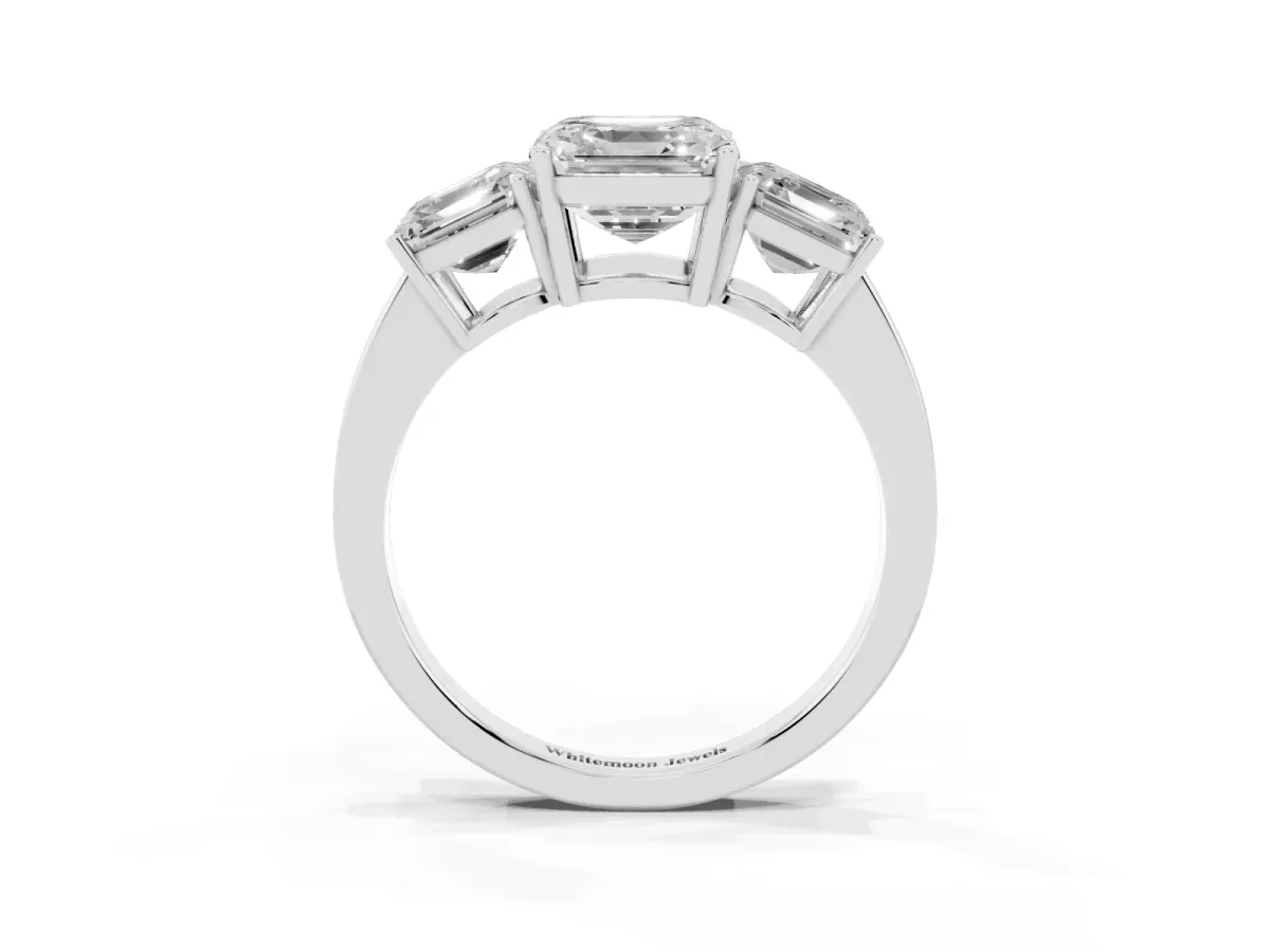 Three-Stone Asscher Cut Cut Diamond Engagement Ring with Flat Band and Four-Prong Setting Platinum