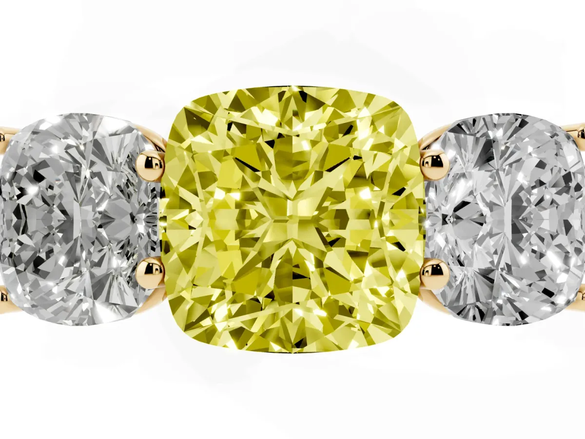 Fancy Yellow Cushion Cut Three-Stone Diamond Ring with Prong Setting on a Classic Band Yellow gold