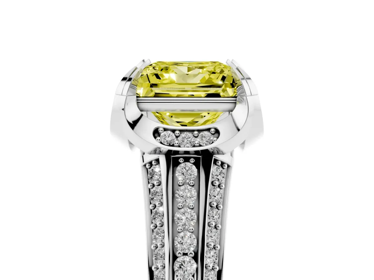Fancy Yellow Princess Cut Solitaire Pave Split Shank Ring with Four-Prong Setting Silver