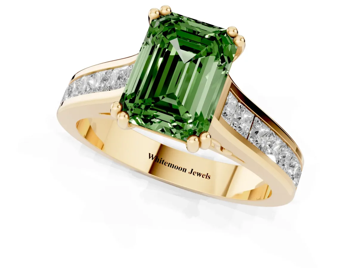 Fancy Green Emerald Cut Cut Channel Set Solitaire Engagement Ring with Prong Setting Yellow gold