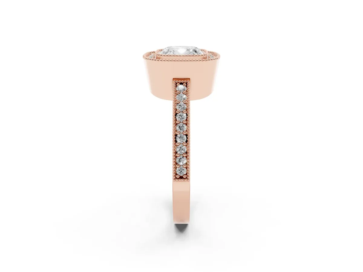 Cushion Cut-Cut Diamond Halo Engagement Ring with Pave Band and Prong Setting Rose gold