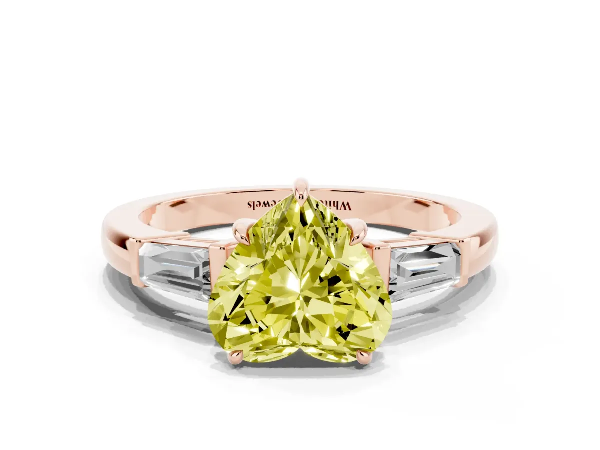 Fancy Yellow Heart Cut Diamond Three-Stone Ring with Tapered Baguette Side Stones and Prong Setting Rose gold