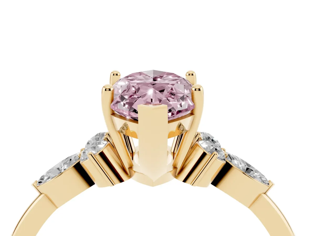Fancy Pink Marquise Cut Brilliant Diamond Solitaire Ring with Pear Side Stones and Four-Prong Setting Yellow gold