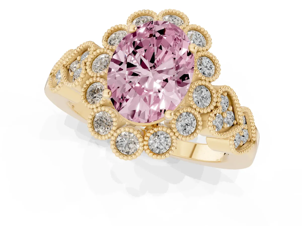 Fancy Pink Oval Cut Brilliant Milgrain Pave Heart Band Solitaire Ring Yellow gold