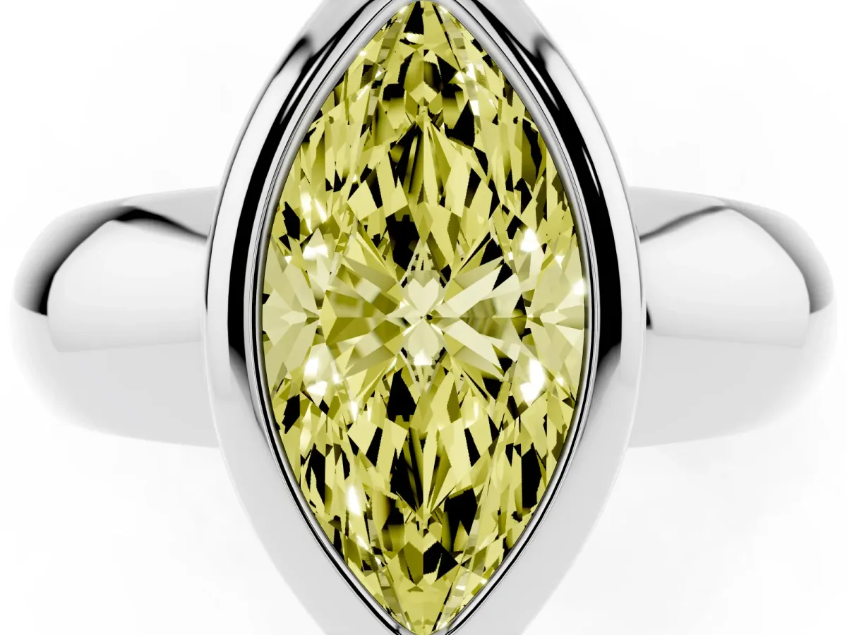 Fancy Yellow Bezel Set Marquise Cut Solitaire Ring with Wide Band Platinum
