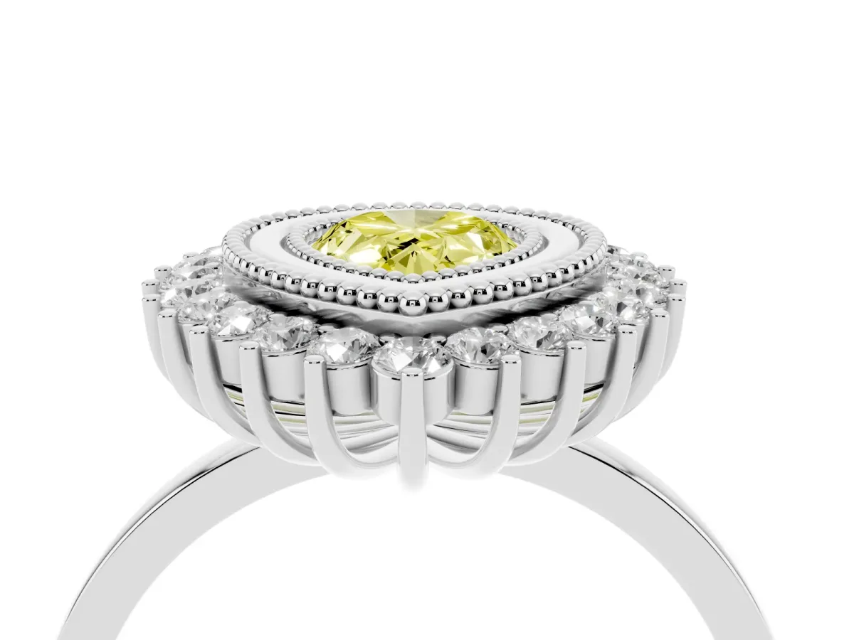 Fancy Yellow Pear Cut Halo Diamond Ring with Milgrain Edge and Round Prong Setting Silver