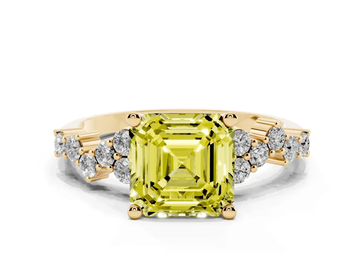 Fancy Yellow Asscher Cut Diamond Scattered Round Accent Ring with Prong Setting Yellow gold