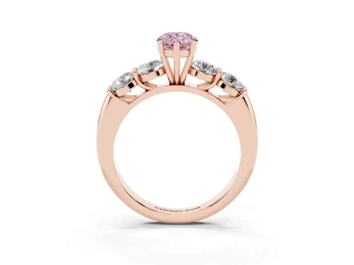 Fancy Pink Pear Cut Cut Five-Stone Prong Set Diamond Ring with Classic Band Rose gold