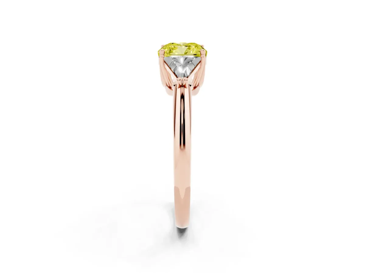 Fancy Yellow Three-Stone Cushion Cut Diamond Engagement Ring with Trillion Side Stones and Prong Setting Rose gold