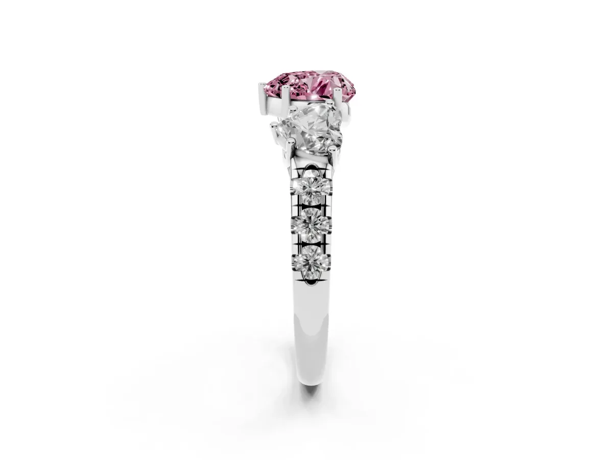 Fancy Pink Three-Stone Heart Cut Diamond Pavé Band with Prong Setting Silver