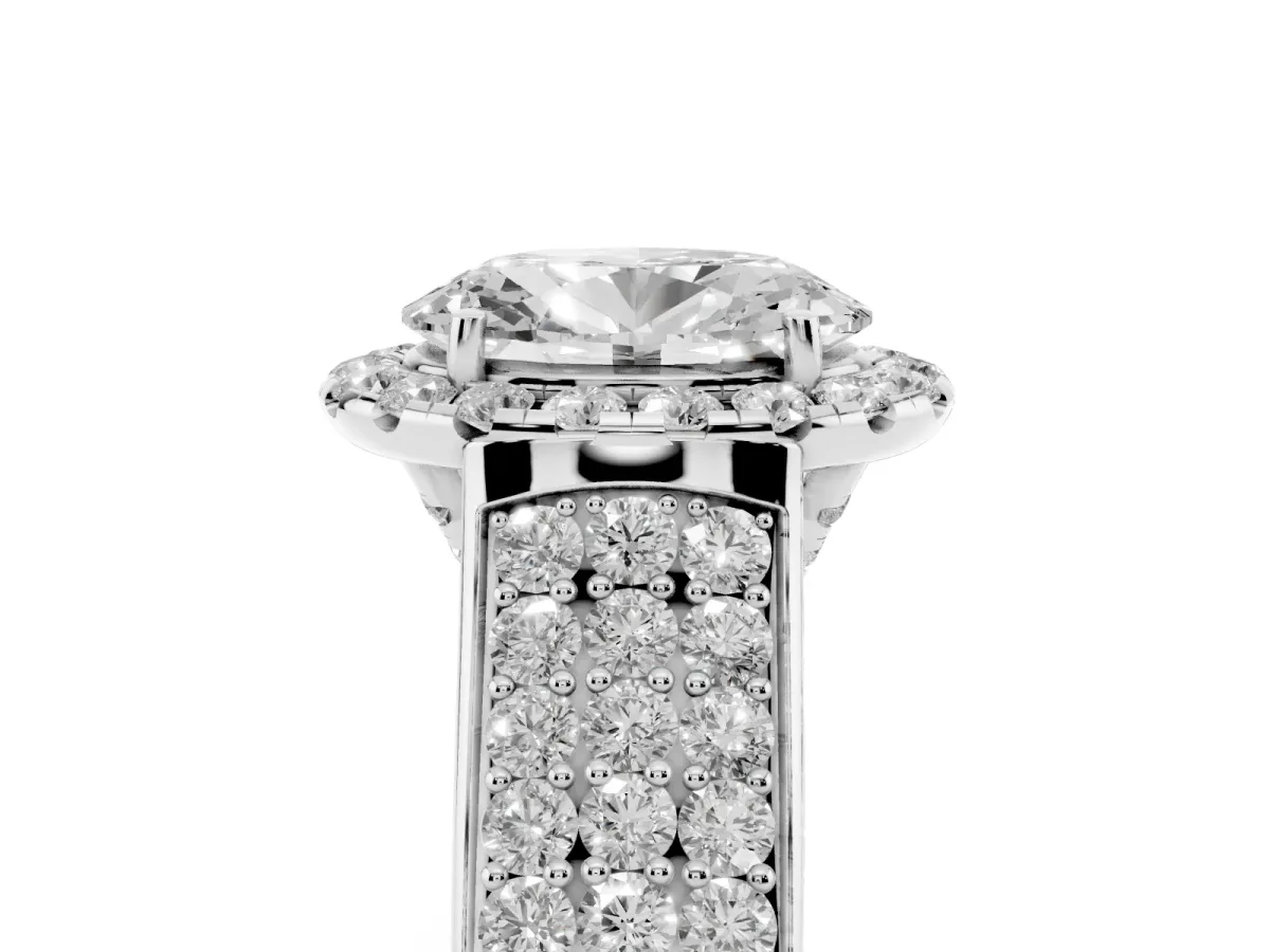 Oval Cut Halo Round Diamond Pave Band with Prong Setting White gold