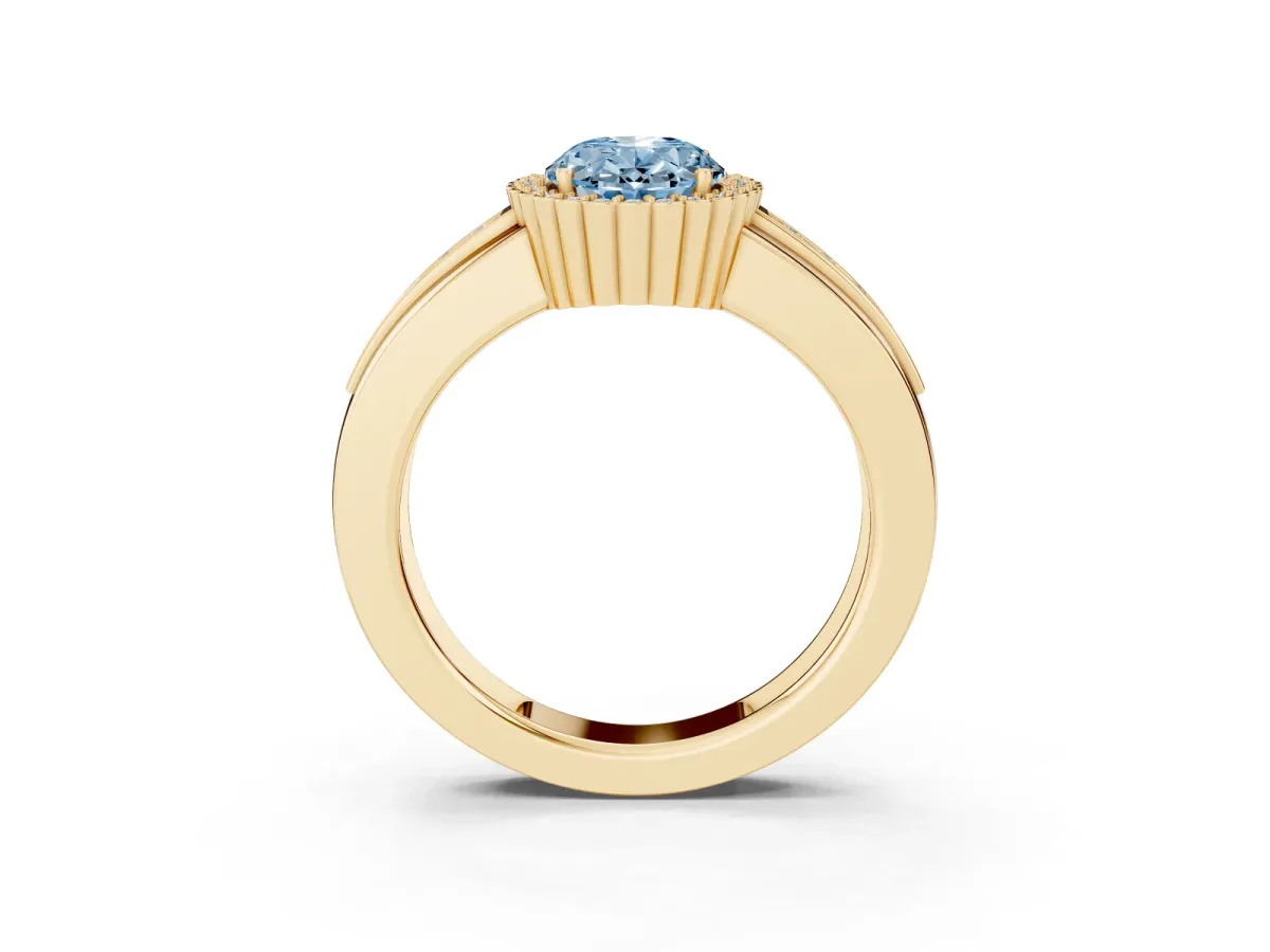 Fancy Blue Oval Cut Cut Halo Pave Band Four-Prong Ring Yellow gold