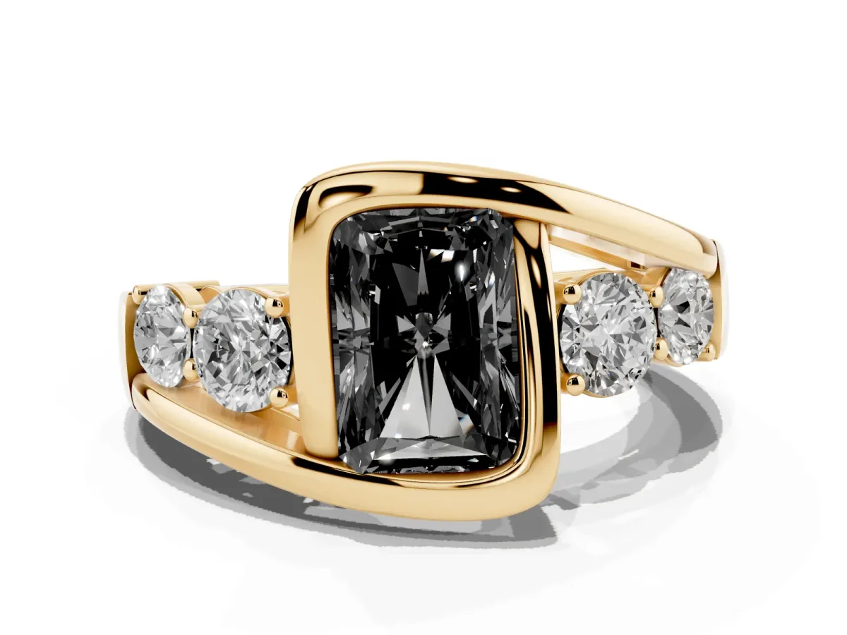 Fancy Black Bezel Set Radiant Cut Diamond Bypass Ring with Round Accents Yellow gold