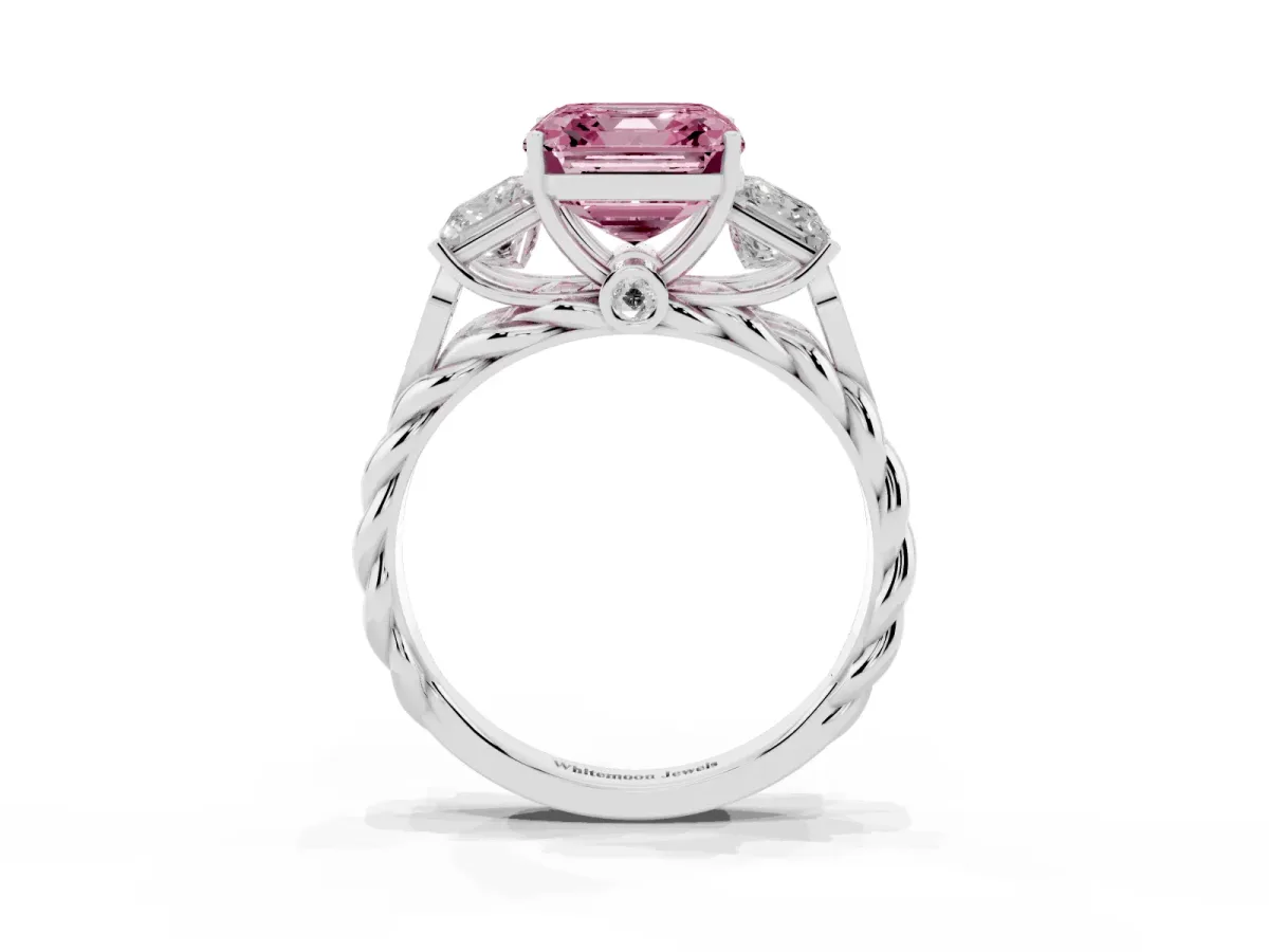 Fancy Pink Three-Stone Asscher Cut Diamond Braided Band Ring with Four-Prong Setting Platinum