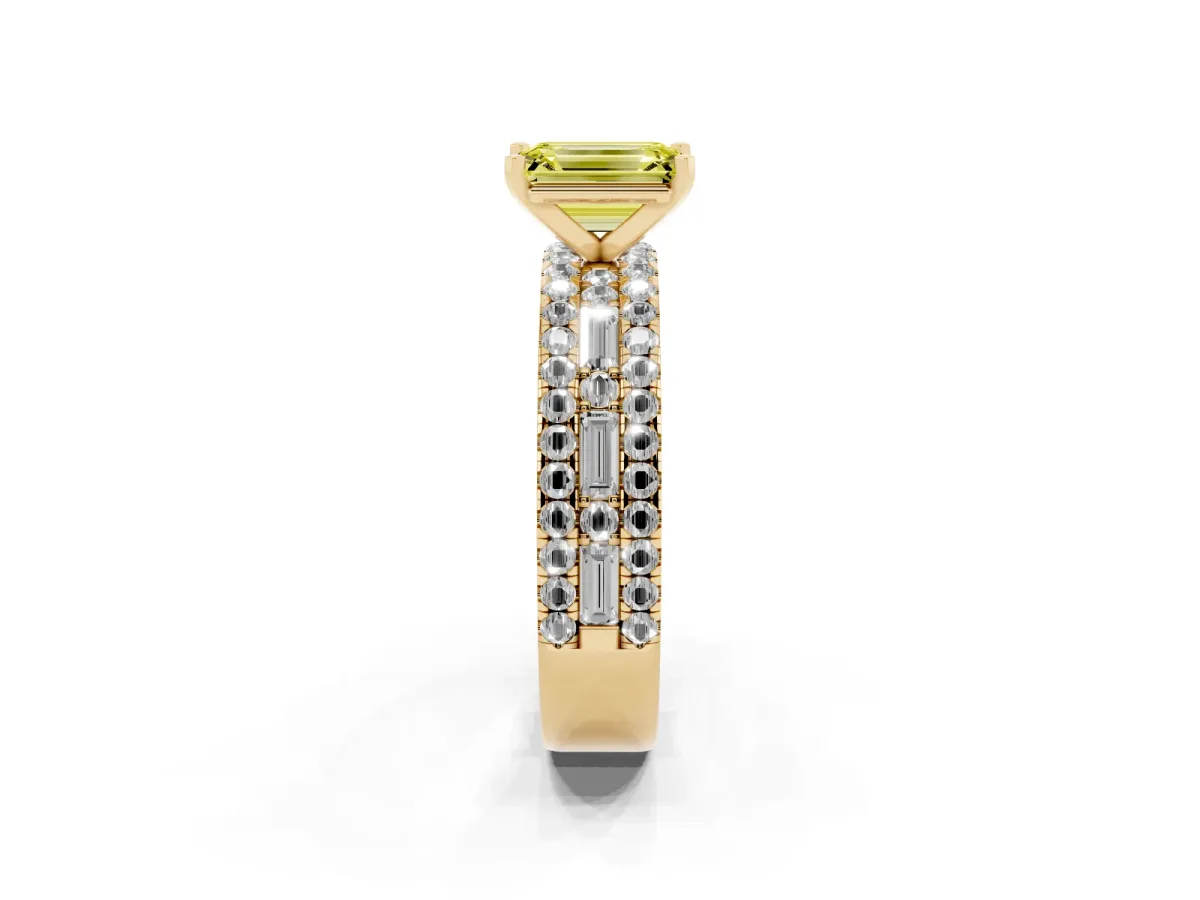 Fancy Yellow Emerald Cut Diamond Solitaire Ring with Pavé and Channel Set Band Yellow gold