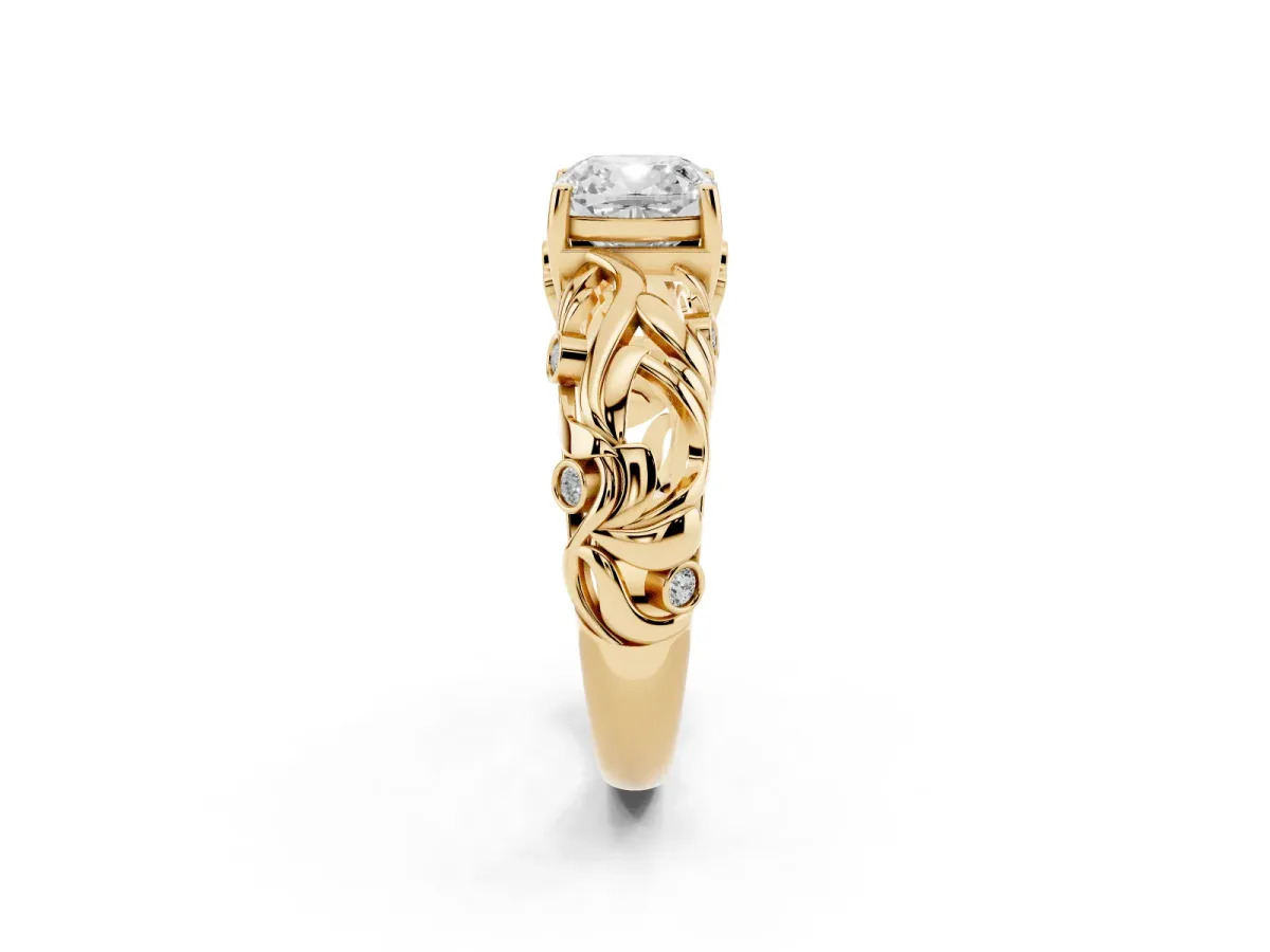 Cushion Cut Solitaire Diamond Leaf-Inspired Vine Band Ring with Prong Setting Yellow gold
